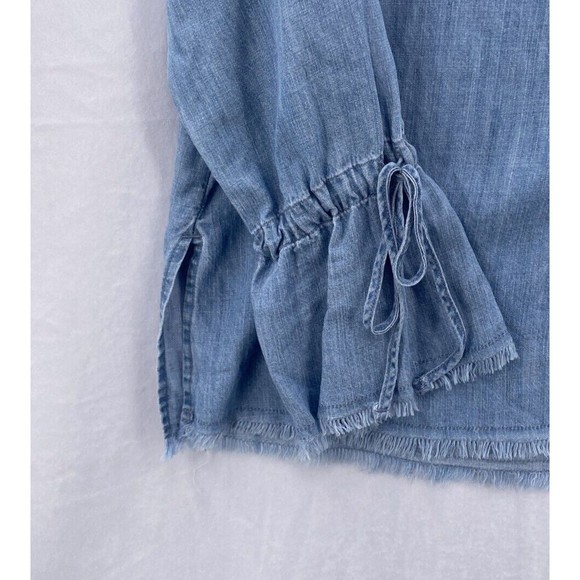 Rails Zimi Top Womens S Blue Linen Blend Chambray Long Sleeves Tie Flare Cuffs - Picture 3 of 13